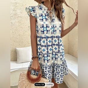 SHEIN Geo Print Butterfly Sleeve Tie Neck Ruffle Hem Dress